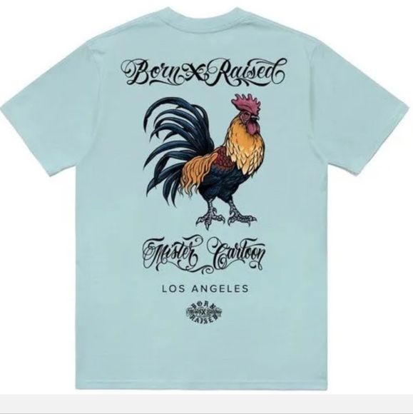 Born x Raised X Mr Cartoon Gallo mas Fino Tee in Teal, size Large